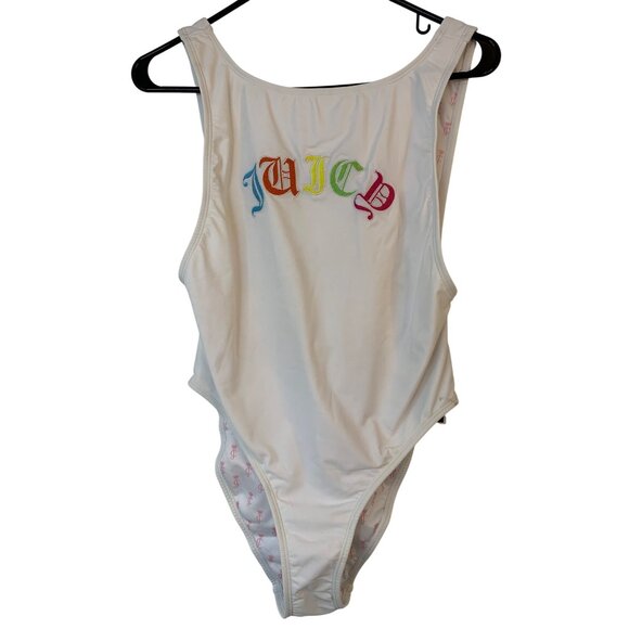 NWT Juicy Couture Black Label One-Piece Swimsuit Rainbow Logo White Size L 10019